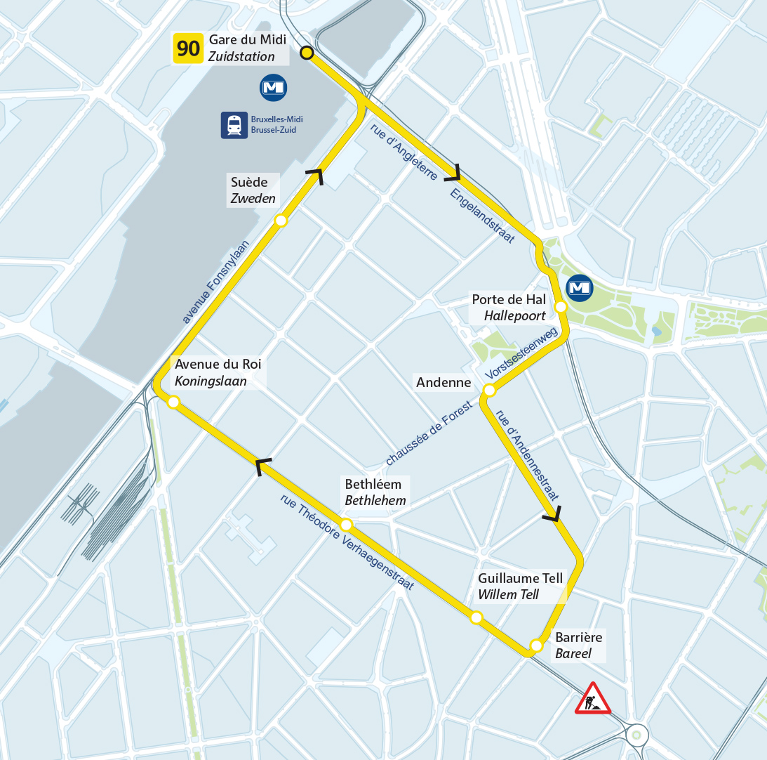 Plan van de tijdelijke buslijn 90