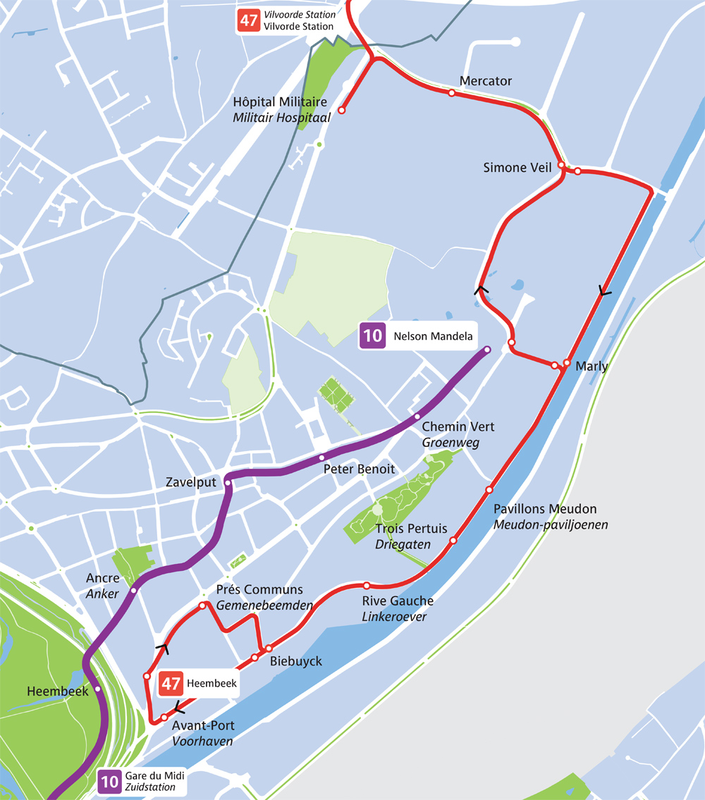 Plan van de onderbreking van tram 10 vanaf 27 juli
